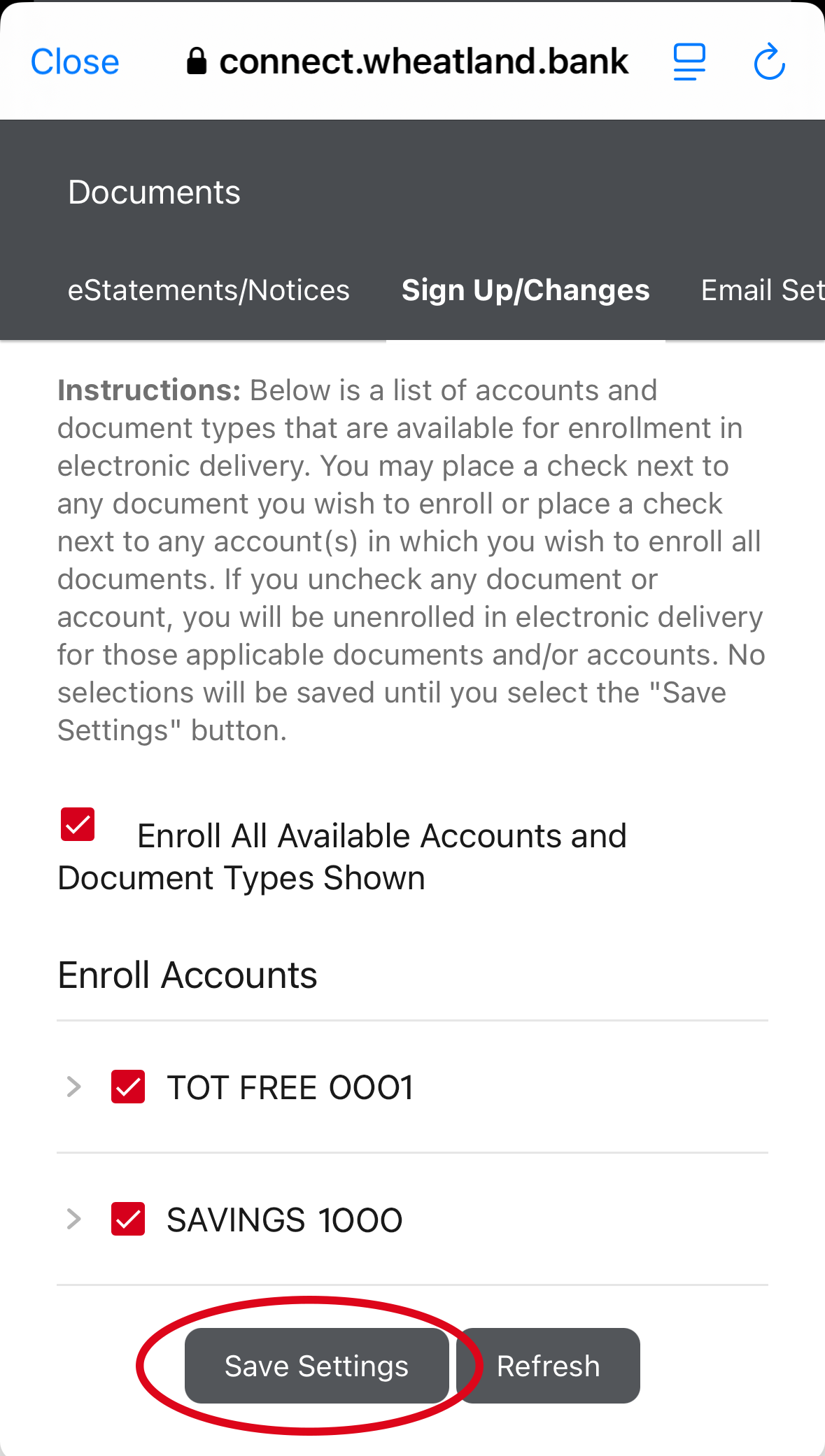Enroll in Wheatland Bank eStatements - Step 3